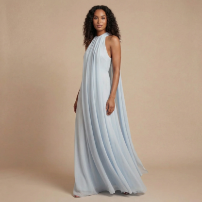 Blue halter pleated maxi dress with flowing chiffon front drape for women