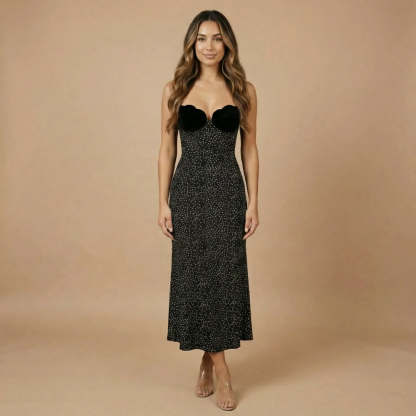 Black polka dot midi dress with sweetheart neckline and fitted bodycon silhouette for women