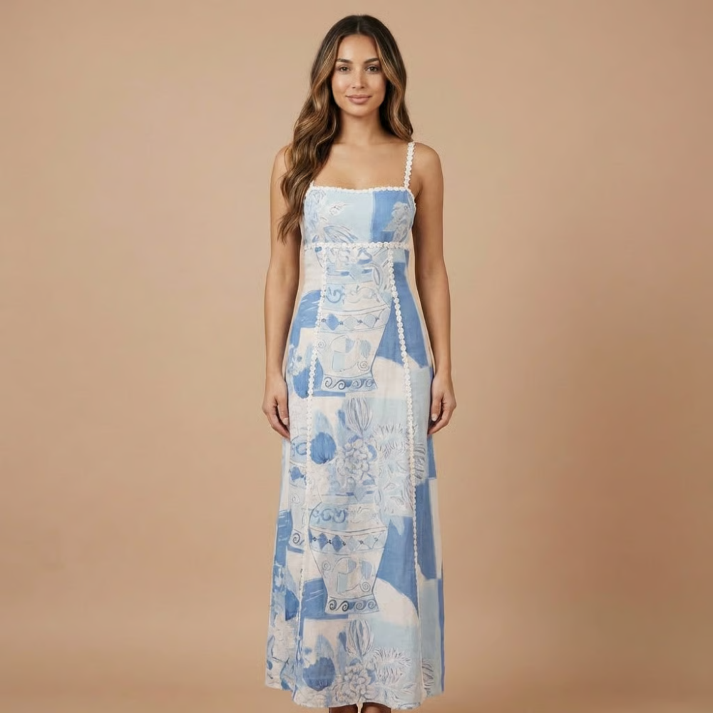 Blue and white toile printed maxi dress with square neckline and sleeveless straps for women