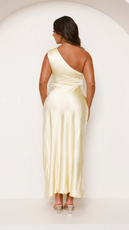 One-shoulder cream satin maxi dress with draped waist detail