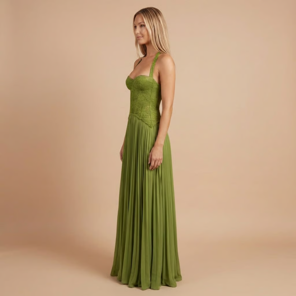 Side view of sage green formal corset maxi dress with spaghetti straps for women
