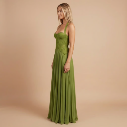 Side view of sage green formal corset maxi dress with spaghetti straps for women