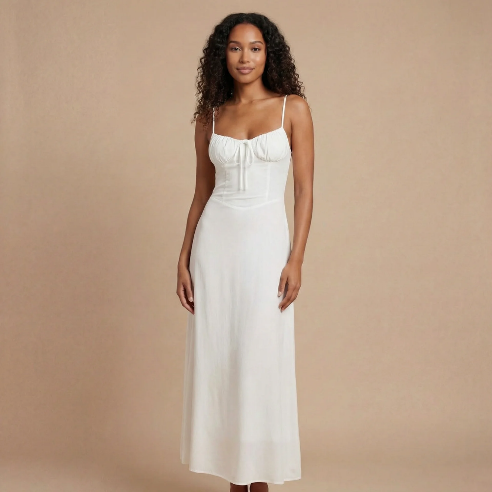 Cream sleeveless maxi dress with gathered sweetheart neckline and drawstring for women
