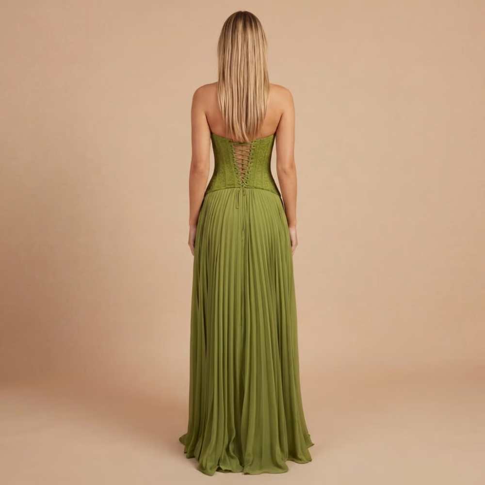 Back view of sage green formal dress with lace-up corset closure for women