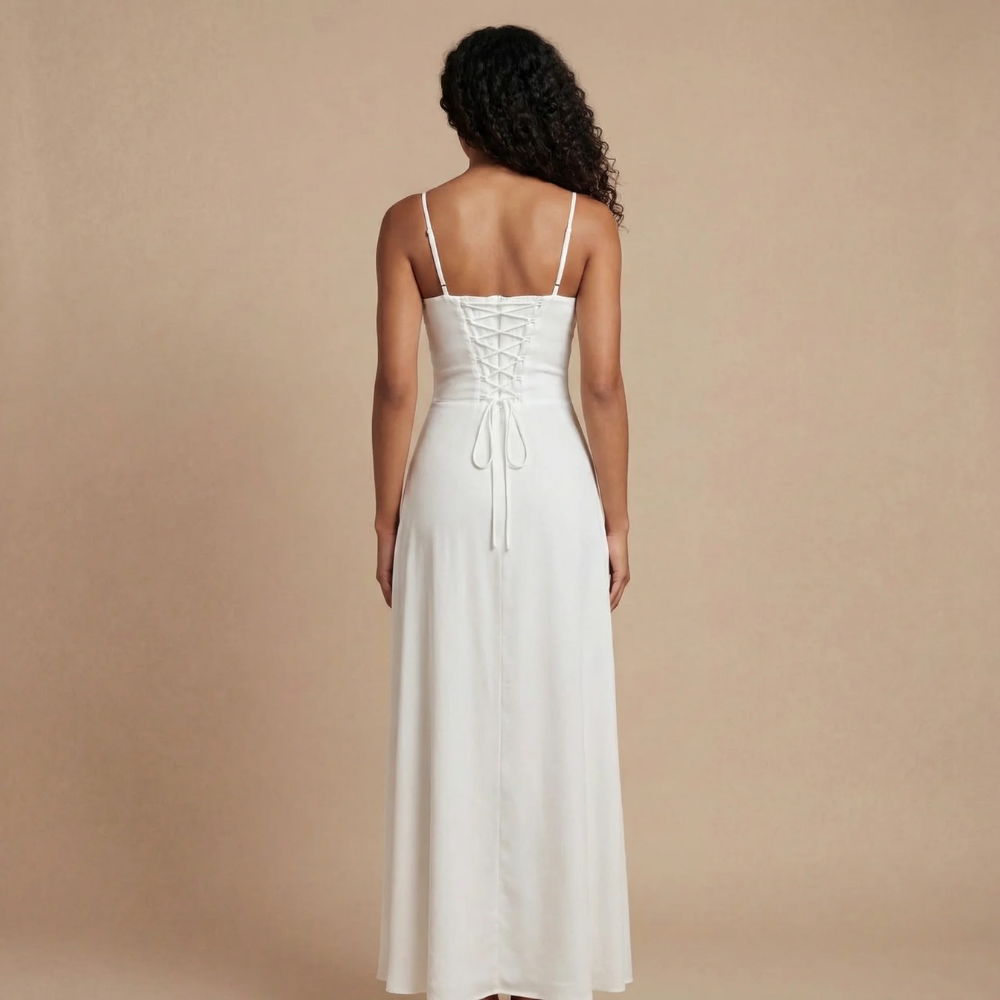 Cream maxi dress back view showing corset lace-up closure and drawstring detail for women