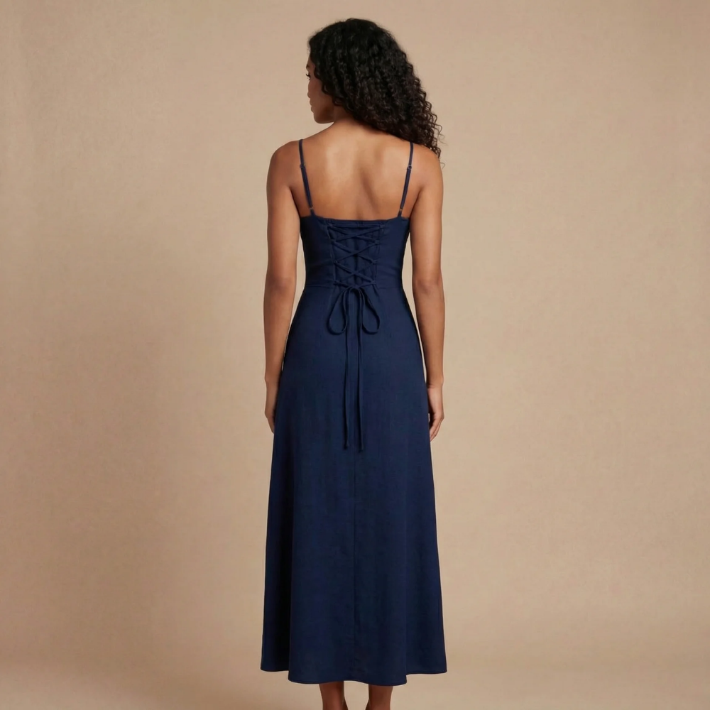 Navy maxi dress back detail with adjustable corset lace-up and tie closure for women