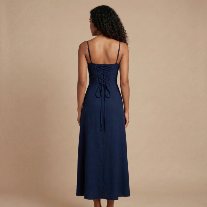 Navy maxi dress back detail with adjustable corset lace-up and tie closure for women