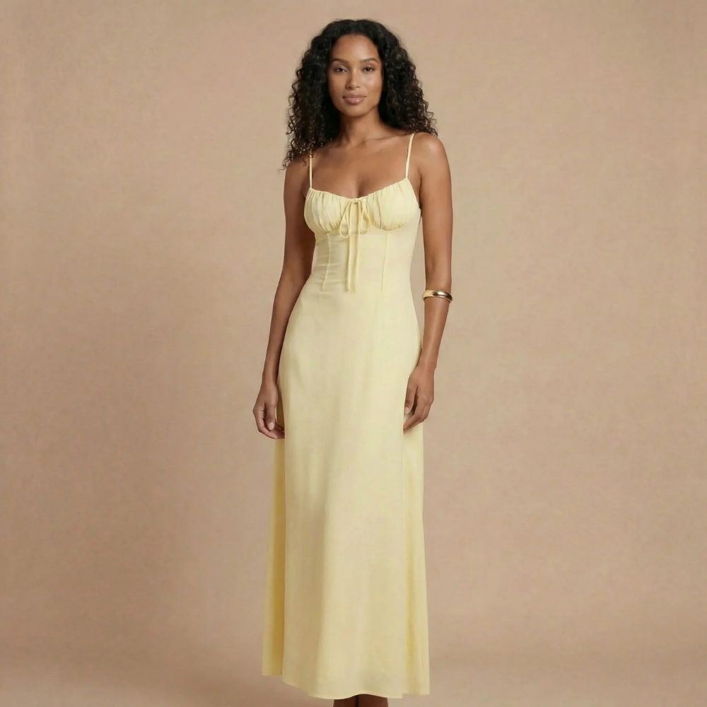 Pale yellow sweetheart maxi dress with spaghetti straps and tie-front detail for women