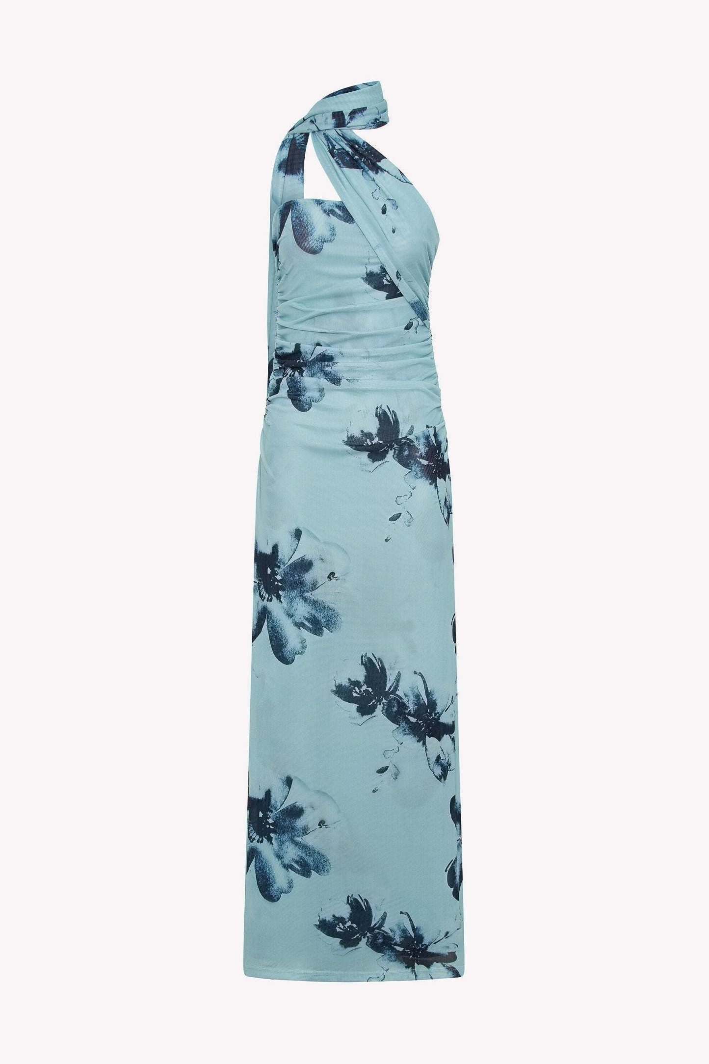 Light blue maxi dress with dark floral blooms and ruched horizontal detailing throughout