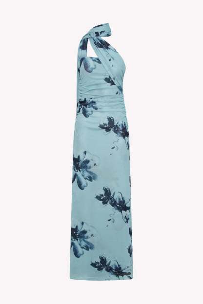 Light blue maxi dress with dark floral blooms and ruched horizontal detailing throughout