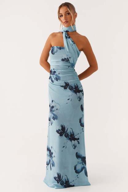 Light blue halter maxi dress with dark floral print and ruched waist detail