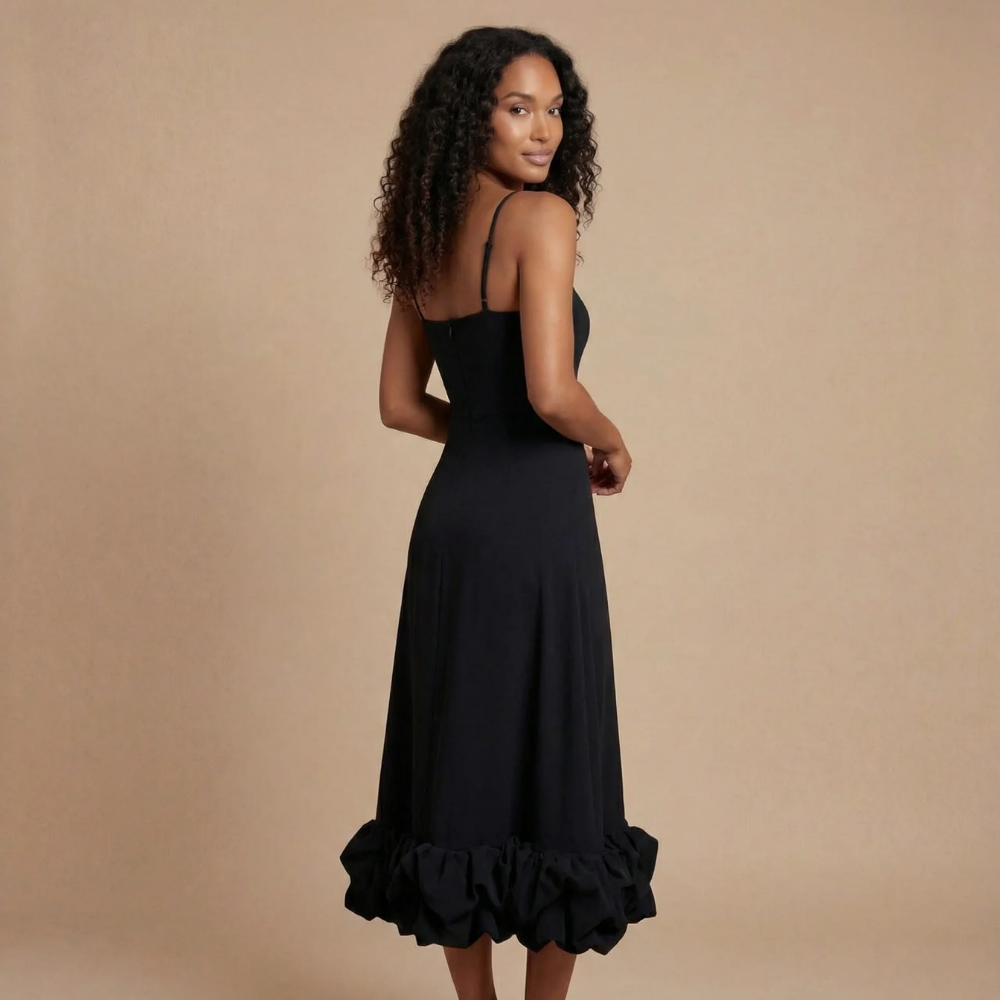 Back view of black ruffle midi dress with gathered hem detail