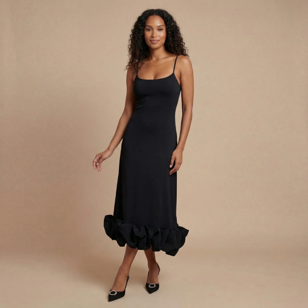 Black camisole midi dress with voluminous ruffle hem