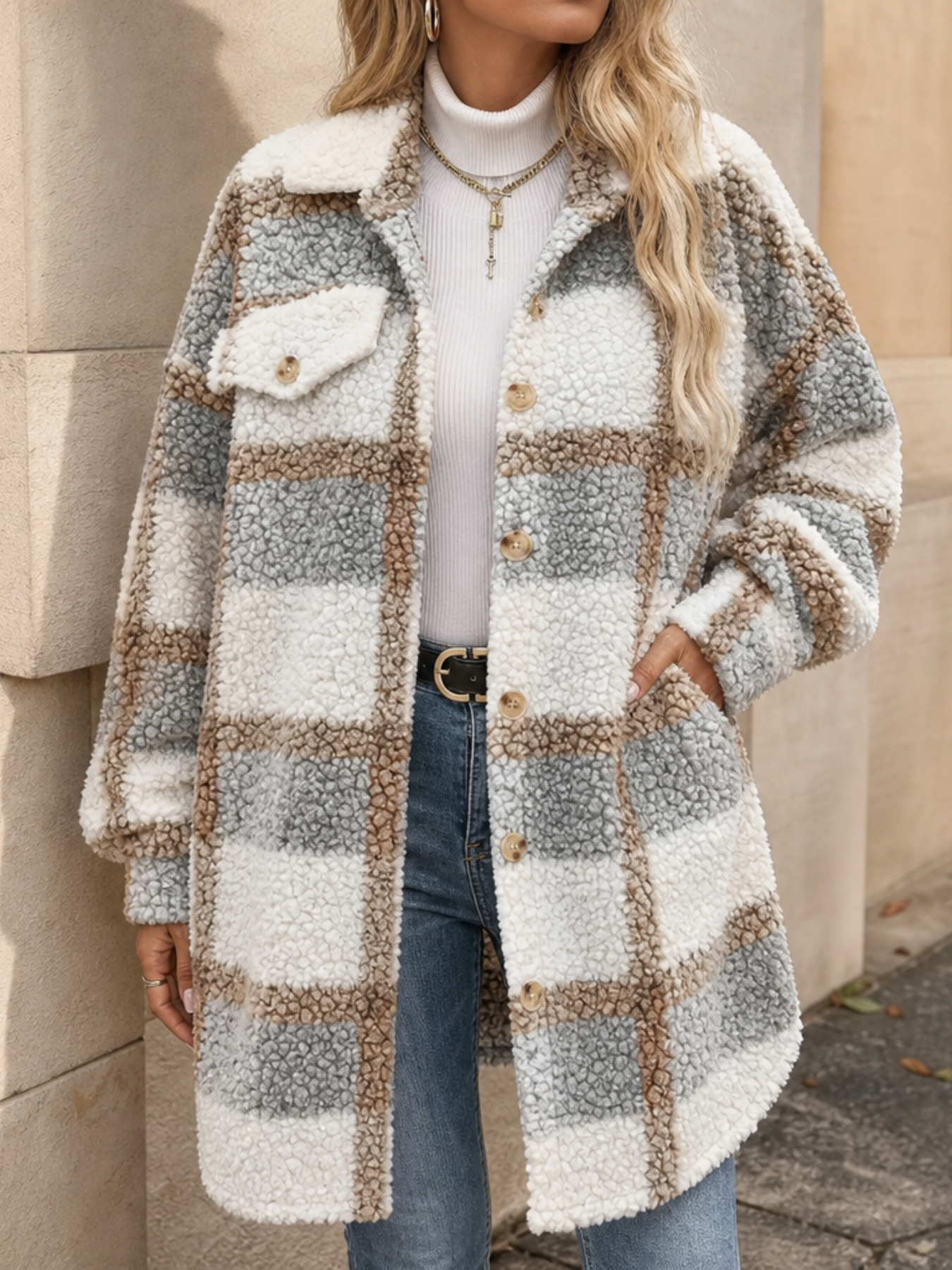 Ismay Plaid Sherpa-Lined Coat - Light Gray