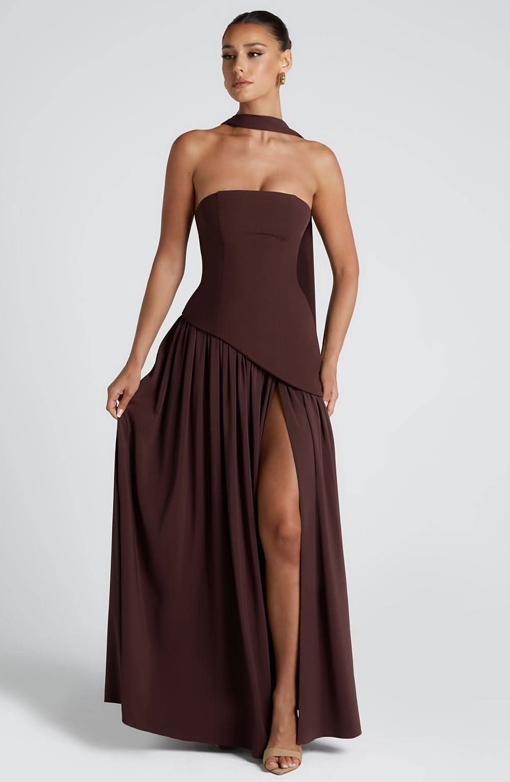 Brown strapless wrap maxi dress with draped skirt and high slit
