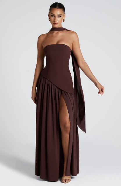 Brown strapless maxi wrap dress with diagonal pleated skirt and high leg slit