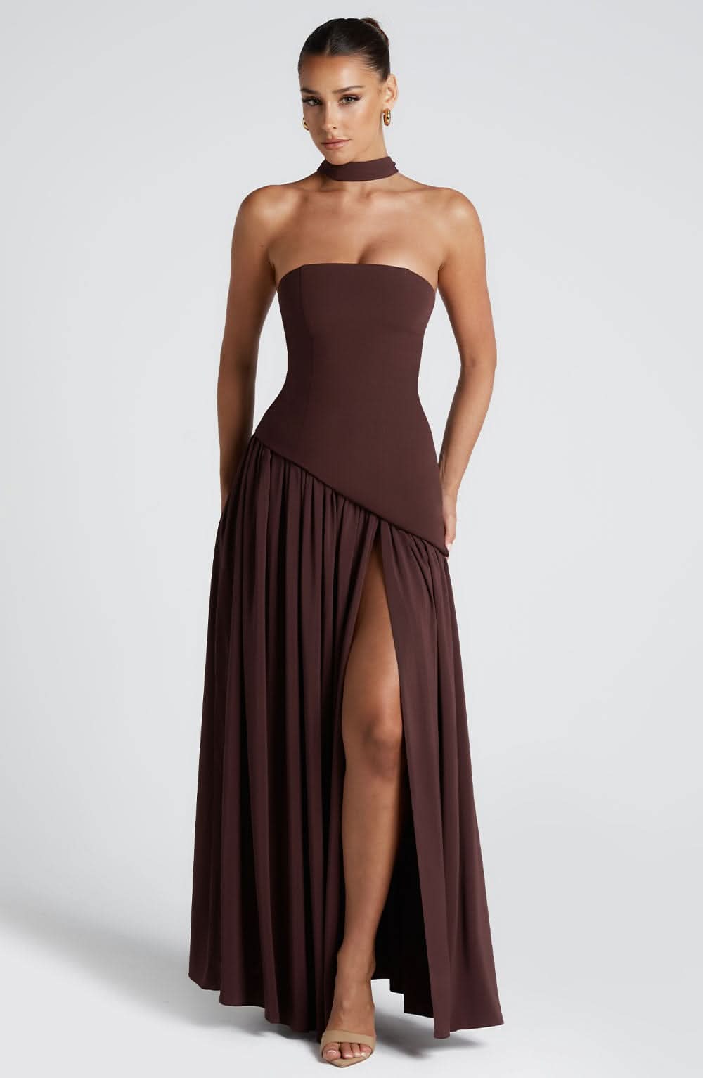 Brown strapless maxi wrap dress with choker neckline and high leg opening