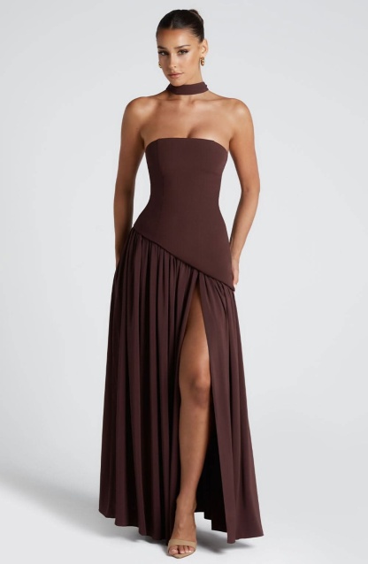 Brown strapless maxi wrap dress with choker neckline and high leg opening