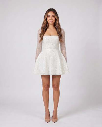 glitter white women cocktail square neck sequin mini dress front view with sequins, glitter
