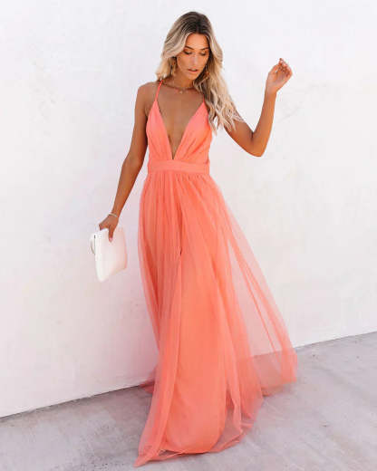 Front view coral tulle maxi dress with plunging neckline and open back