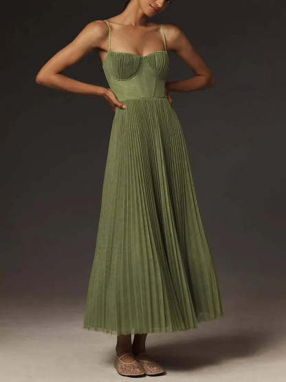Full-length front view of sage green pleated maxi dress with cinched waist