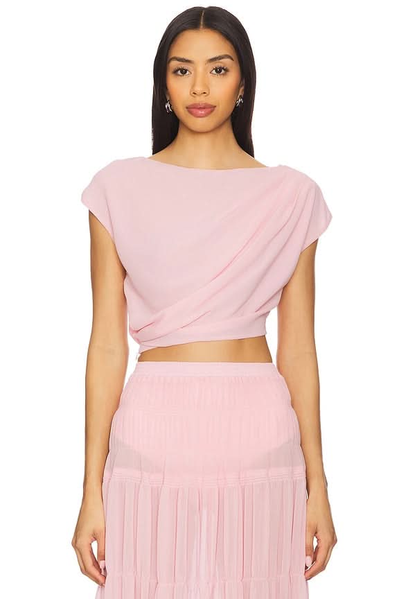 Front view of blush wrap crop top showing draped neckline detail on maxi set