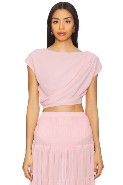 Front view of blush wrap crop top showing draped neckline detail on maxi set