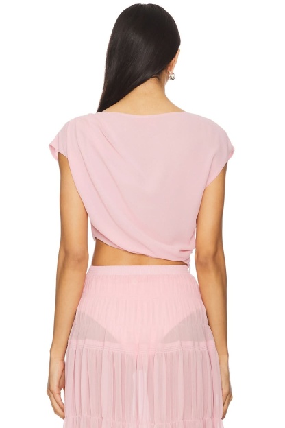 Back view of blush pink maxi set showing wrap crop top and tiered skirt