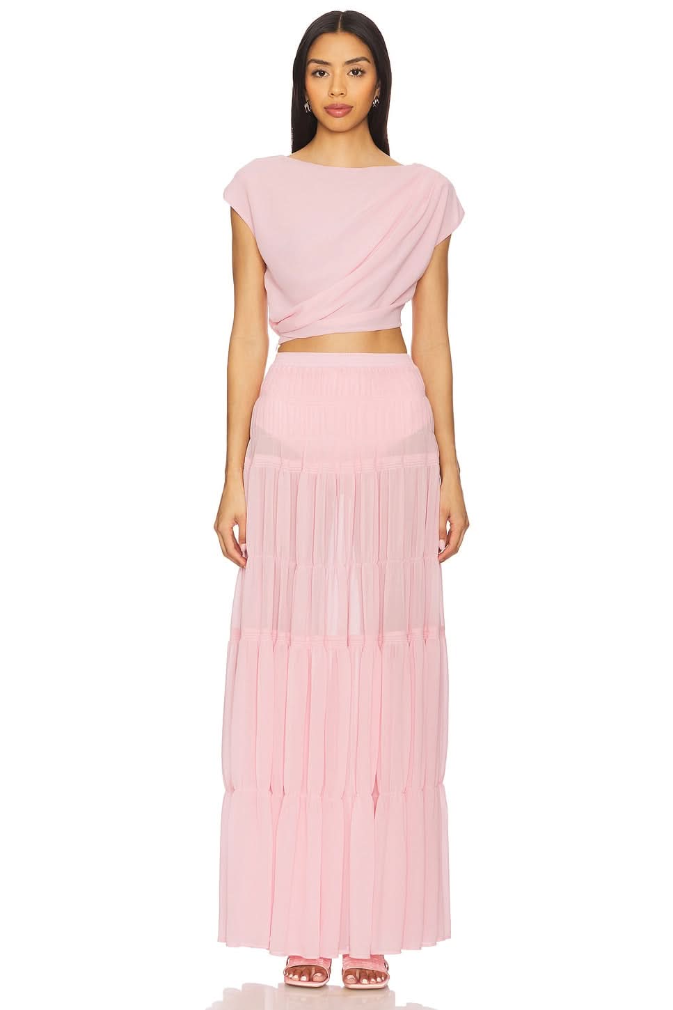 Blush pink draped crop top maxi skirt set with tiered pleated maxi skirt for women