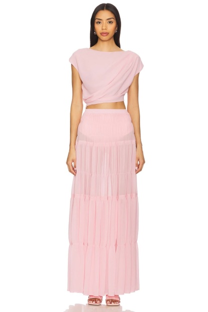 Blush pink draped crop top maxi skirt set with tiered pleated maxi skirt for women
