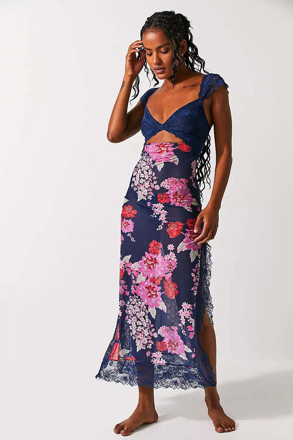 Navy blue lace cutout midi dress with pink and red floral print