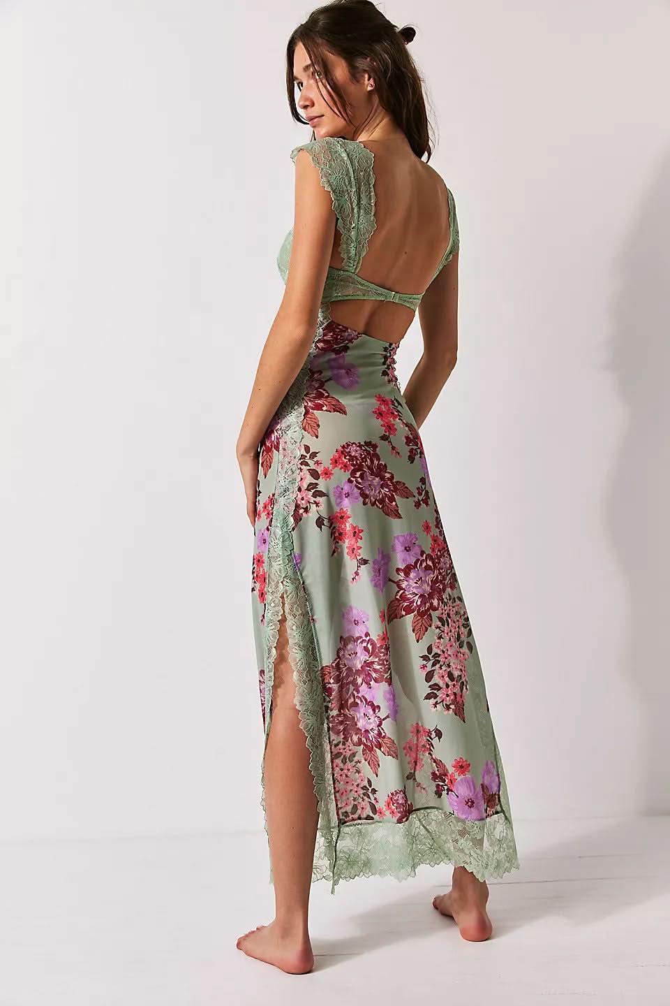 Sage green lace cutout midi dress with burgundy floral pattern