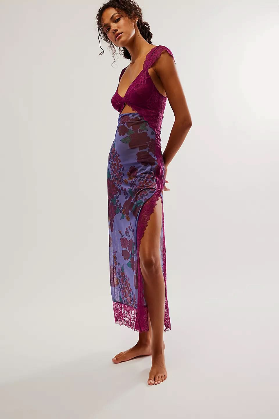 Magenta velvet cutout midi dress with purple floral pattern