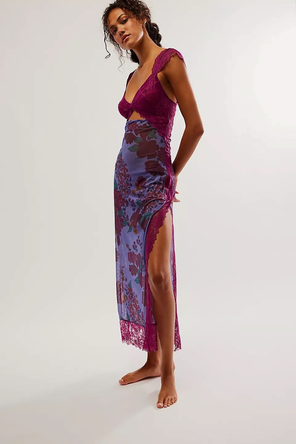 Magenta velvet cutout midi dress with purple floral pattern