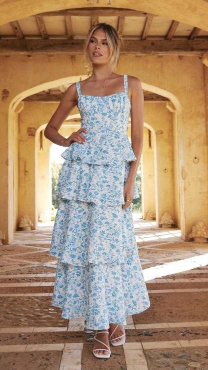 Blue floral print maxi dress with tiered ruffles and square neckline