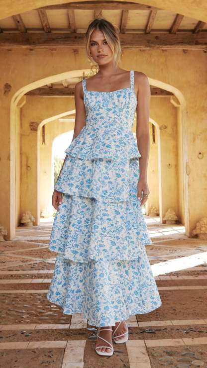 Blue floral maxi dress with tiered ruffle layers and square neckline