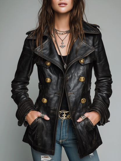 Kadence Double-Breasted Leather-Look Military Jacket - Black
