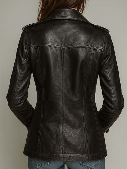 Kadence Double-Breasted Leather-Look Military Jacket - Black