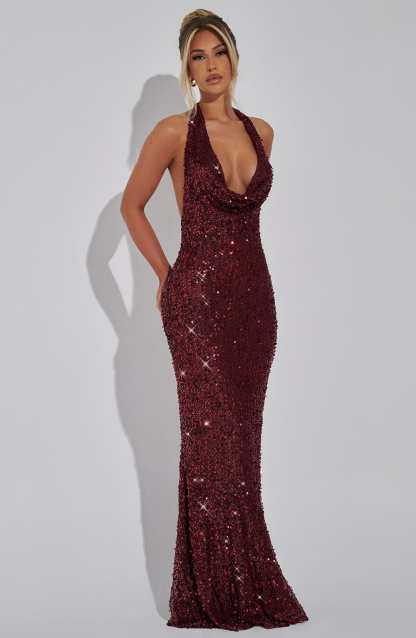 Kalina Glitter Maxi Dress - Wine Sparkle