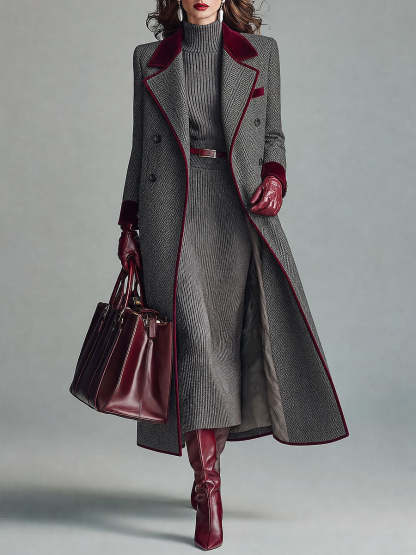 Kamila Herringbone Velvet Trim Coat - Gray