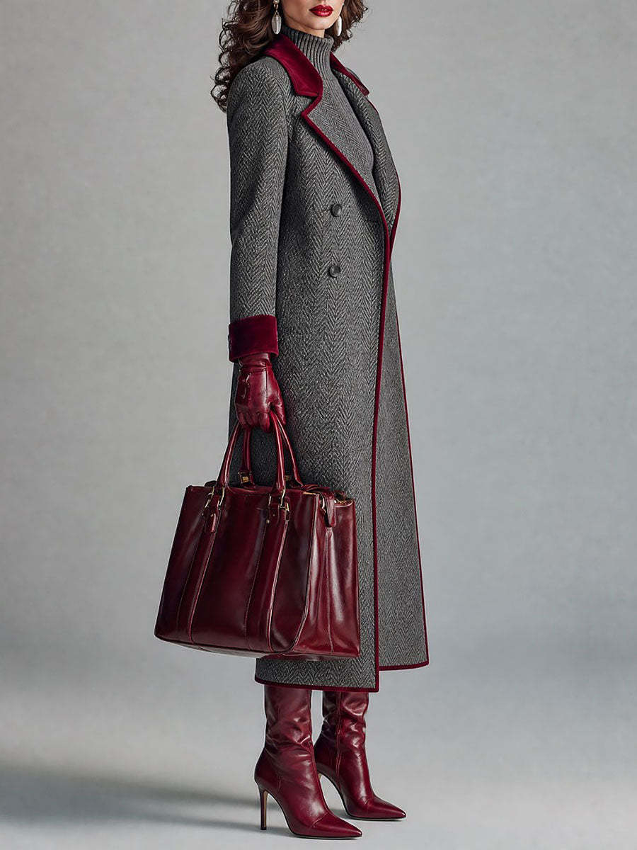 Kamila Herringbone Velvet Trim Coat - Gray