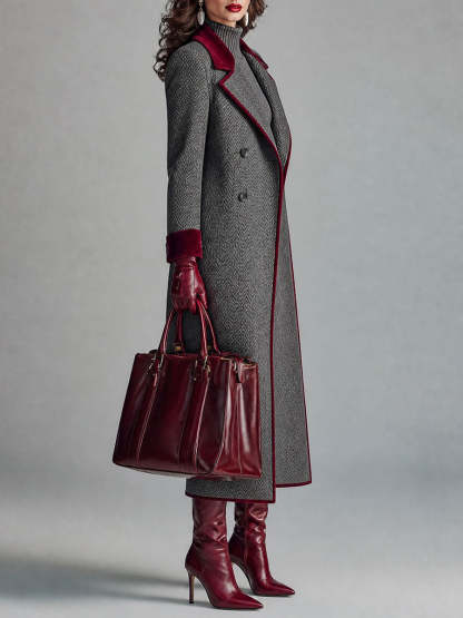 Kamila Herringbone Velvet Trim Coat - Gray