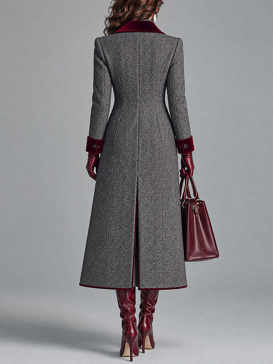 Kamila Herringbone Velvet Trim Coat - Gray