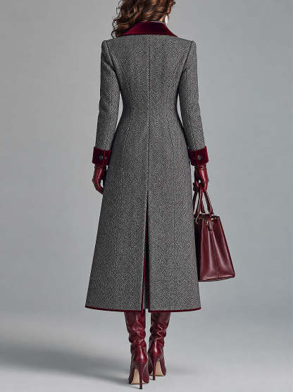 Kamila Herringbone Velvet Trim Coat - Gray