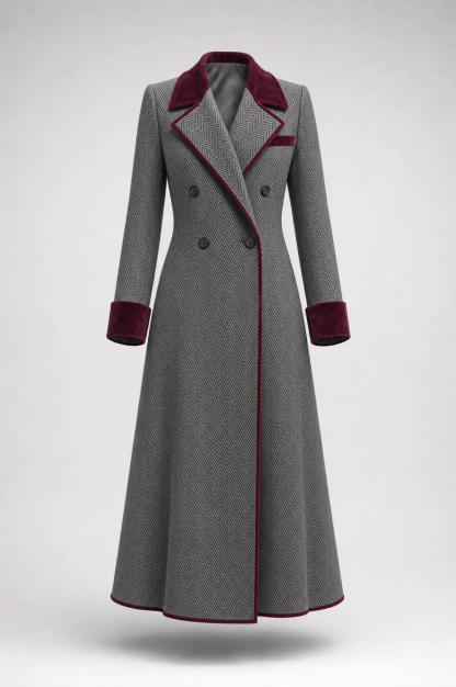Kamila Herringbone Velvet Trim Coat - Gray