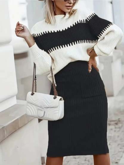 Karys Two-Tone Ribbed Knit Set - Black