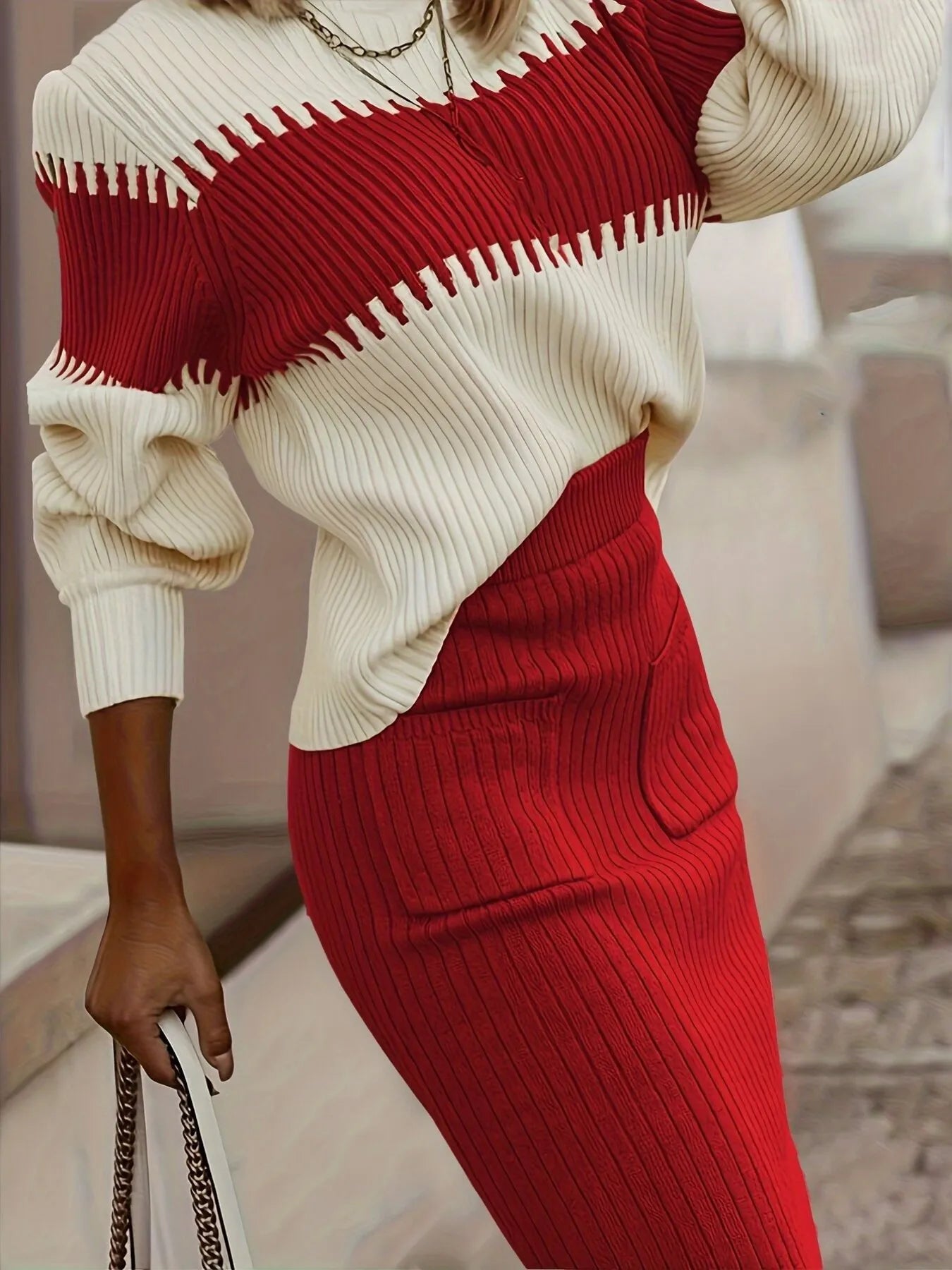 Karys Two-Tone Ribbed Knit Set - Red
