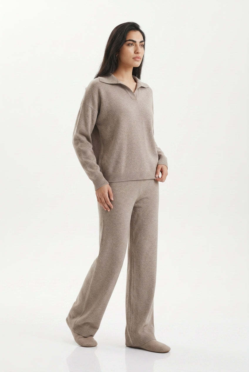 Kassian Polo Collar Wide Leg Trouser Set - Beige
