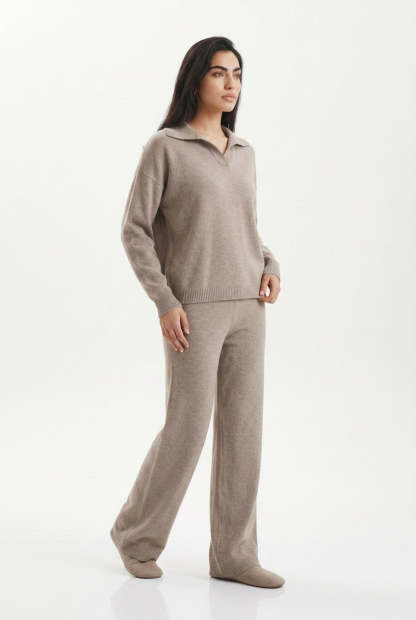 Kassian Polo Collar Wide Leg Trouser Set - Beige