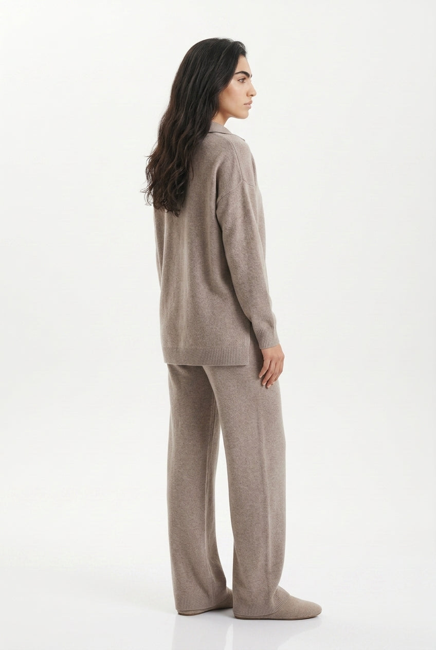 Kassian Polo Collar Wide Leg Trouser Set - Beige